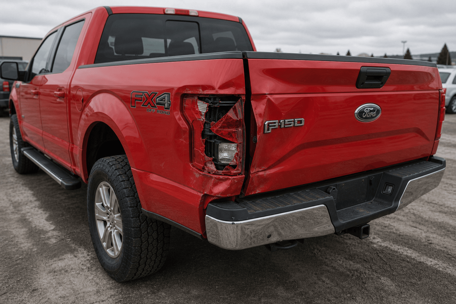 Crashed rear-left taillight and dented panels on a red Ford F-150