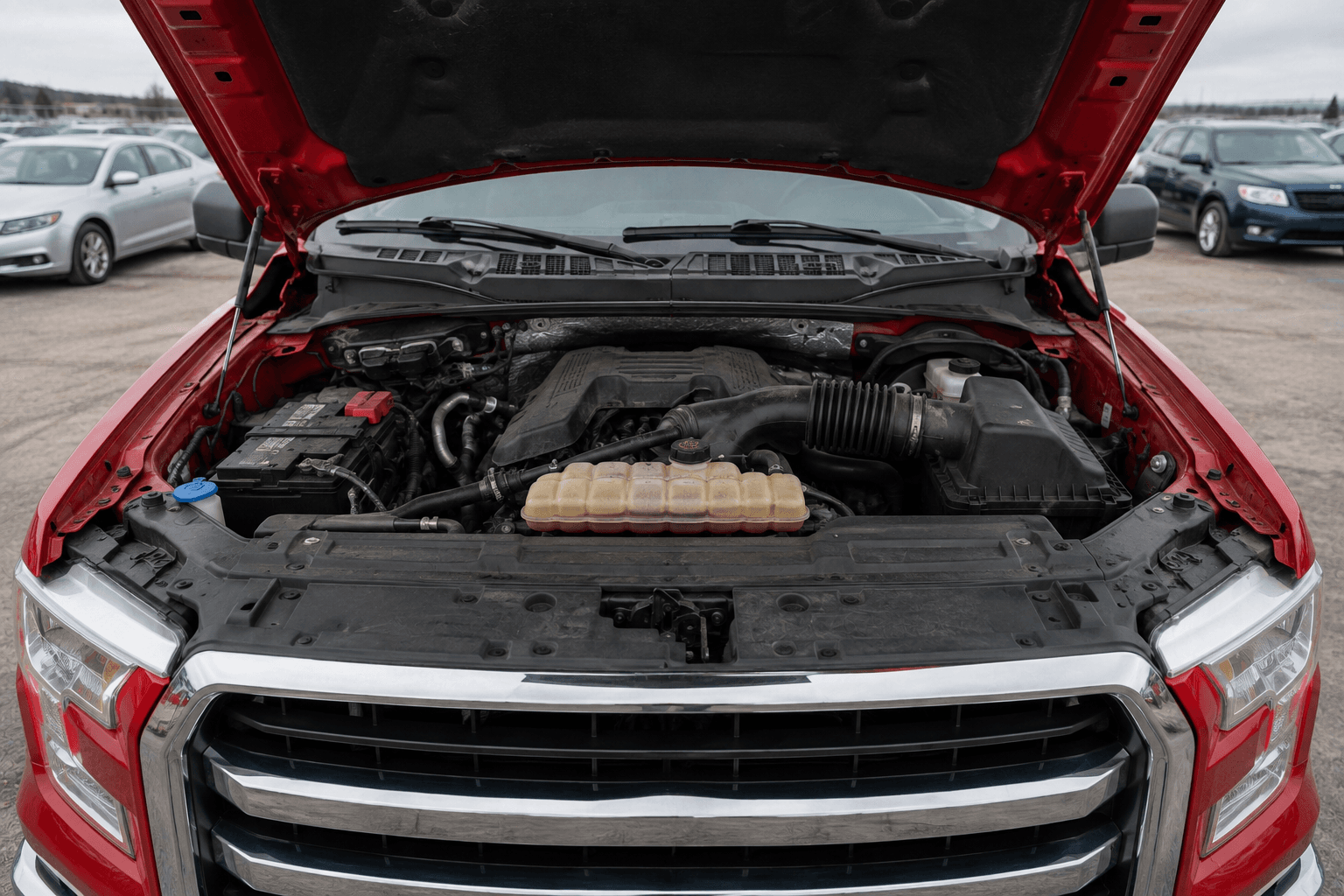 Engine cold start + running inspection example on a red Ford F-150