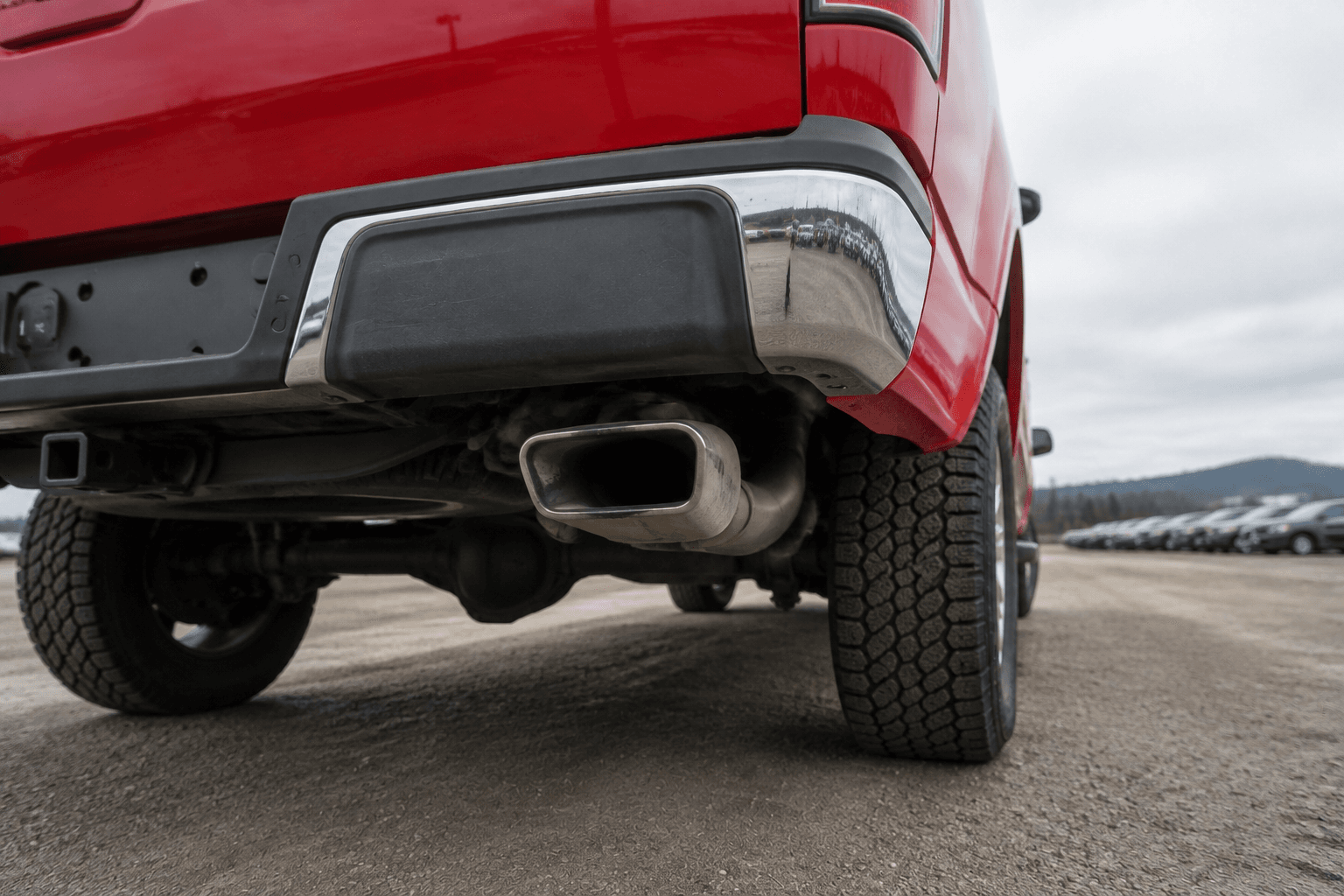 Exhaust inspection example on a red Ford F-150